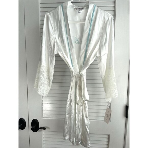 "The Bride" Linea Donatella Short White Satin Wrap Robe Blue Trim Sz Small - Picture 1 of 10